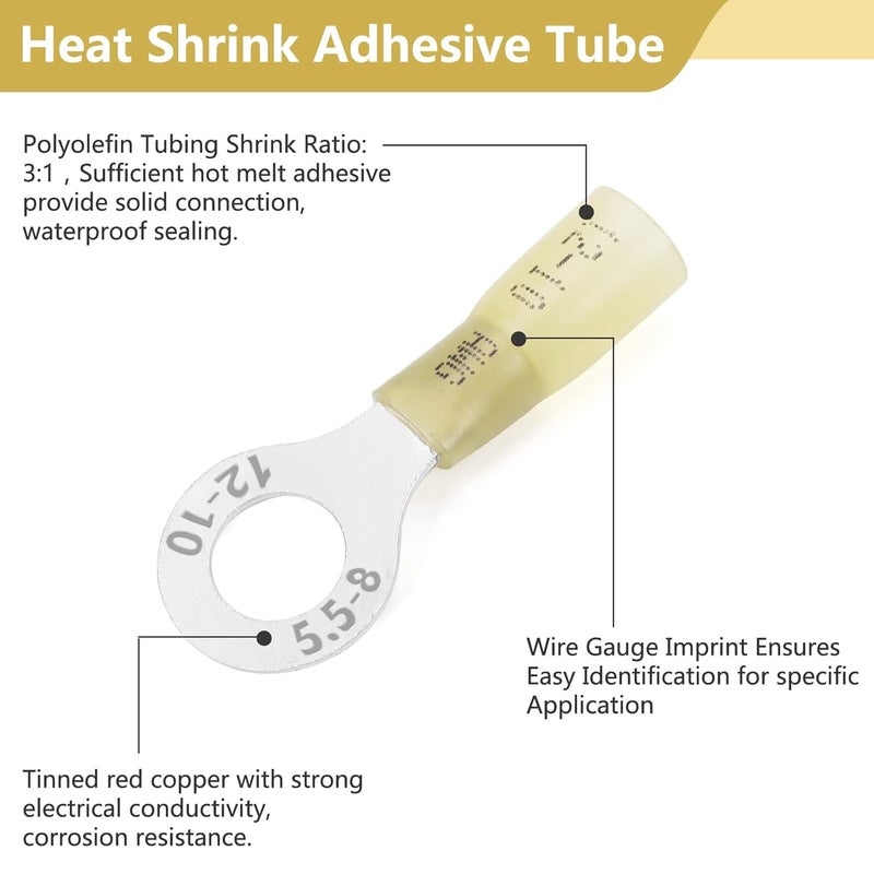 PRECIHW 100 PCS 5/16'' Heat Shrink Ring Terminals (12-10 AWG), Insulated Ring Terminals, Nylon Eyelet Wire Connectors, Insulated Crimp Electrical Connectors, Marine Grade Ring Terminals for Automotive, Audio - Image 4